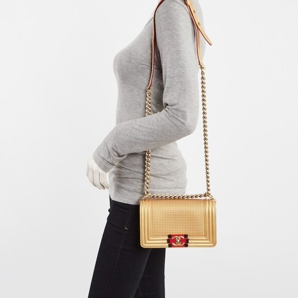 Chanel Metallic Gold Cube Embossed Lambskin Leather Small Boy Bag - Picture 1 of 12